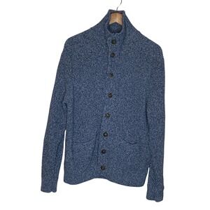 J Crew Mens Marled Ribbed Knit Cardigan Sweater L Blue Pockets Preppy Mock Neck